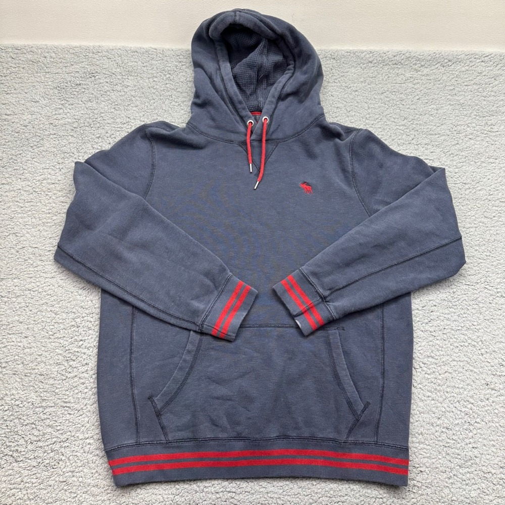 Abercrombie & Fitch 122F0097 Mens Medium Striped Trim Moose Logo Navy Hoodie